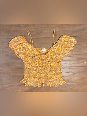 Sienna Sky Mustard Floral Smocked Off-Shoulder Crop Top #151